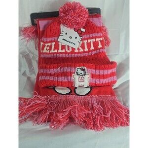 Hello Kitty Knit Hat & Scarf Set Collegiate Stripes One Size age 10 to Adult
